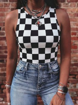 Black Checkerboard Printed Slim Tank Top