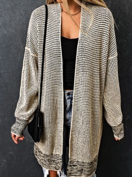 Apricot Plaid Knitted Long Open Front Cardigan
