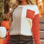 Gold Flame Colorblock Patched Pocket Drop Shoulder Sweater