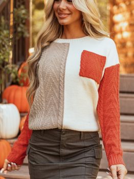 Gold Flame Colorblock Patched Pocket Drop Shoulder Sweater