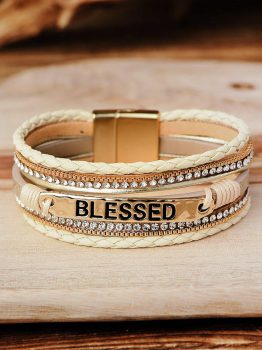 Beige BLESSED Rhinestone Braided Detail Buckle Bracelet