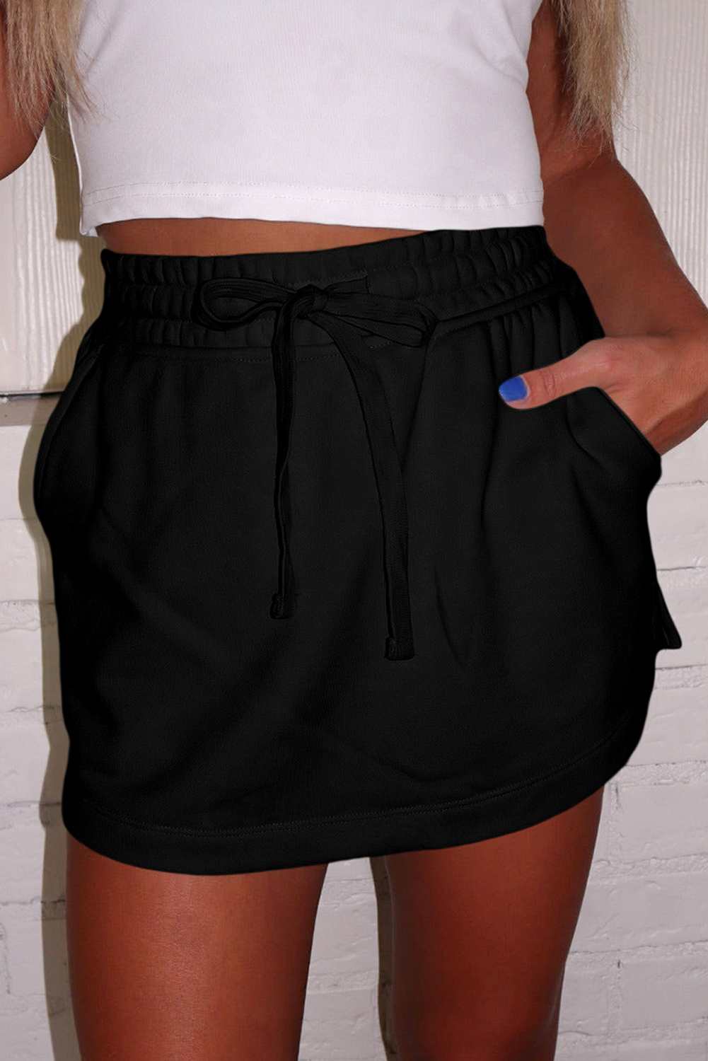 Black French Terry Drawstring Elastic Waistband Mini Skort with Pockets - Image 3