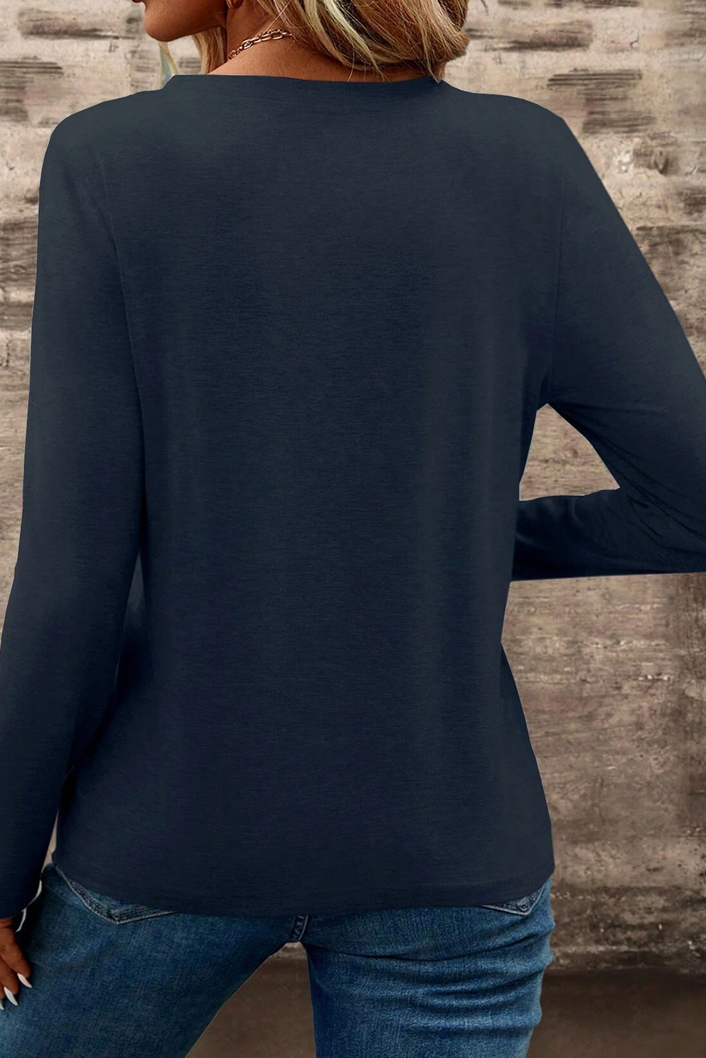 Dirty blue Notch V Neck Pocket Patched Long Sleeve T Shirt - Image 2