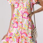 Pink Abstract Floral Ruffle Trim Flutter Sleeve Buttoned Dress