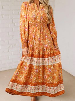 Orange Floral Print Smocked Waist Long Sleeve Boho Maxi Dress