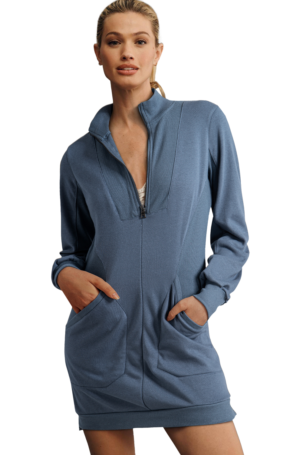 Ivy Zip up Collared Ribbed Patchwork Sweatshirt Dress with Pockets - Image 8