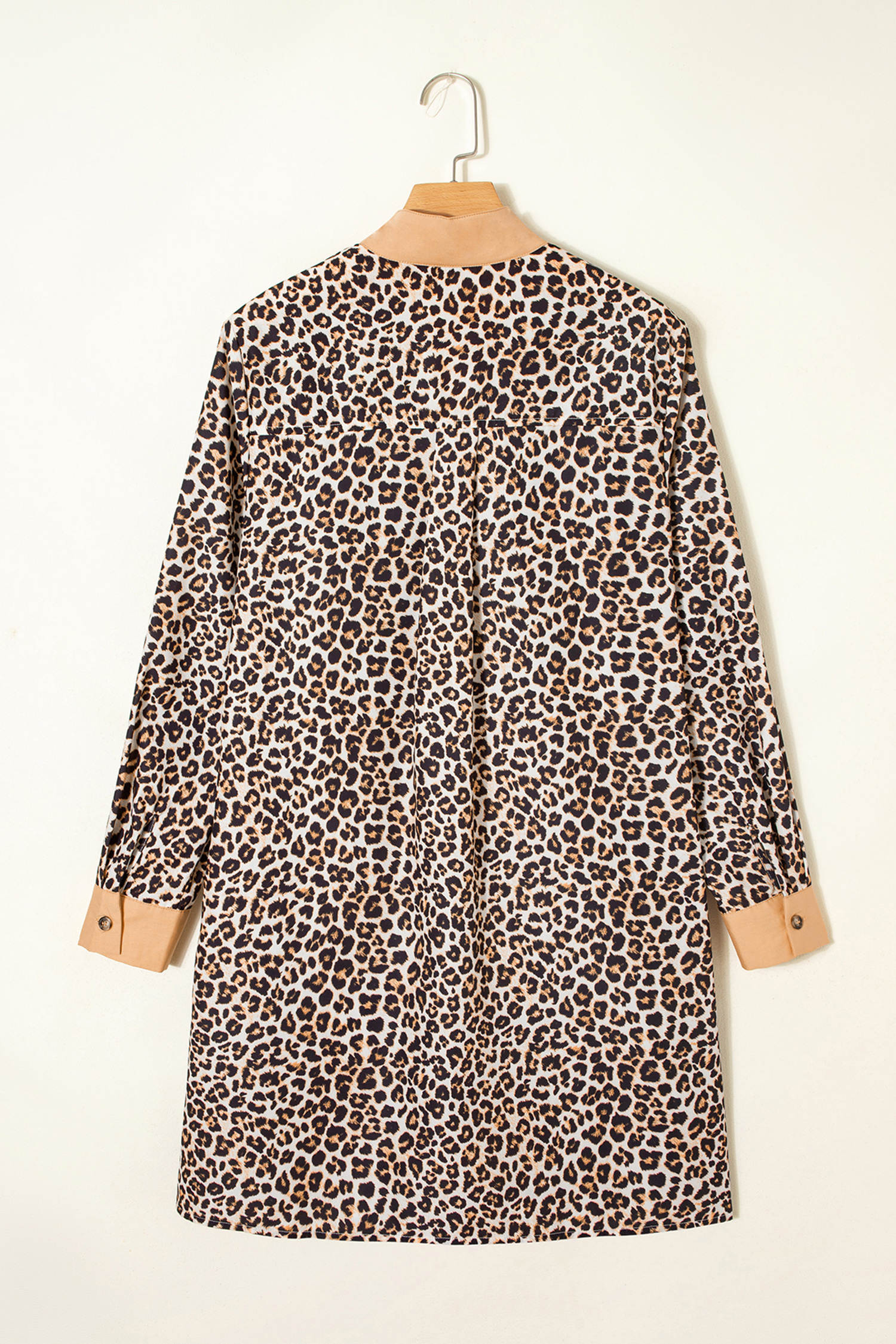 Khaki Button Striped Collar Leopard Print Long Sleeve Flared Dress - Image 5