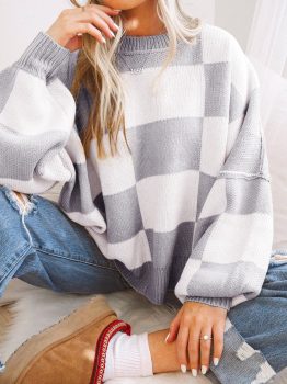 Gray Checkered Bishop Sleeve Sweater
