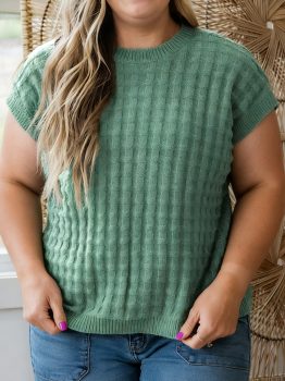 Mist Green Plus Size Solid Color Textured Knit Short Sleeve Sweater