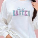 White Easter Bunny Ear Embroidered Pullover Sweatshirt