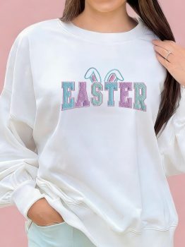 White Easter Bunny Ear Embroidered Pullover Sweatshirt