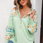 Clearly Aqua Lace Floral Patchwork Half Button Hooded Pullover