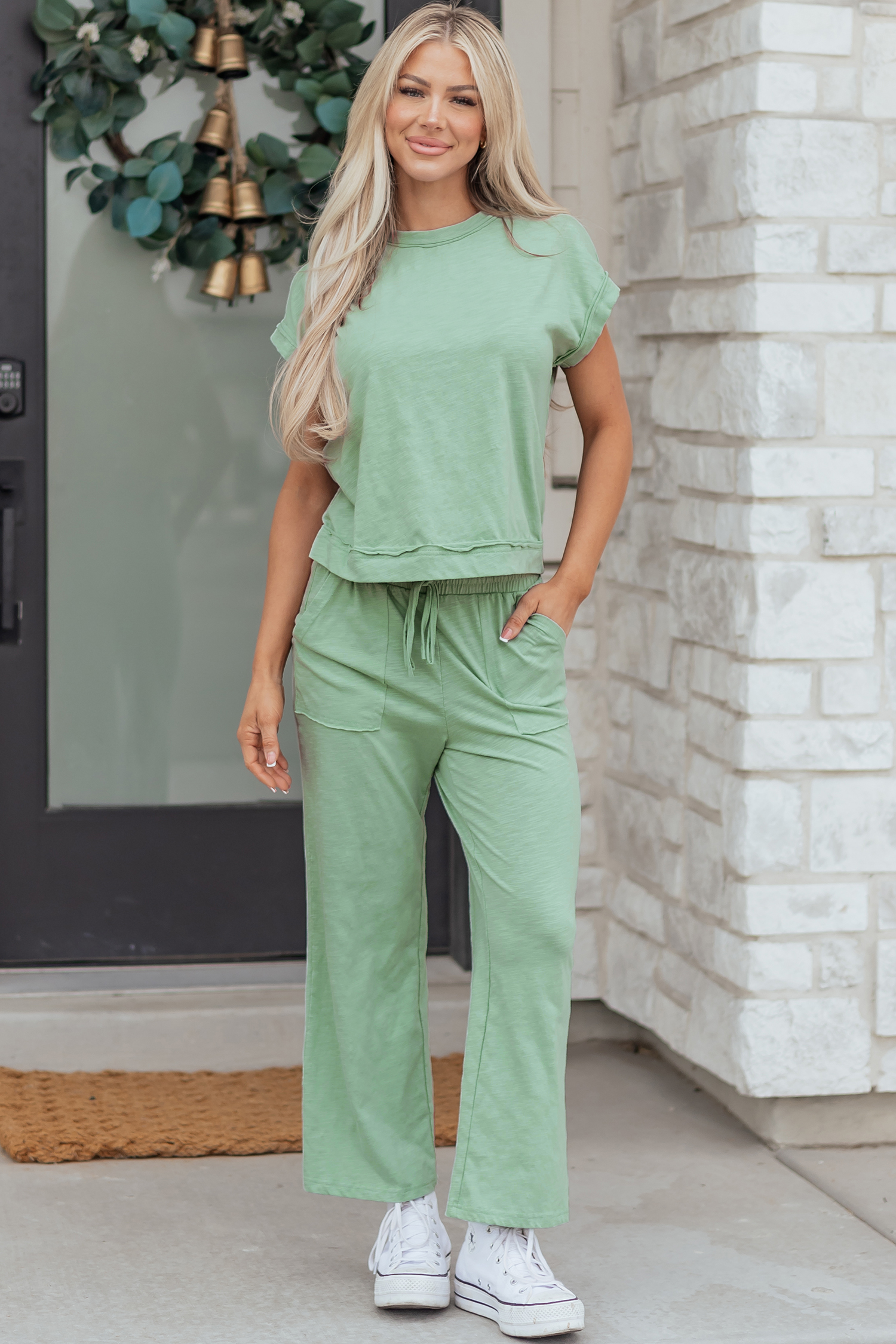 Canton Cuffed Short Sleeve Tee Raw Seam Patch Pocket Drawstring Pants Set - Image 6