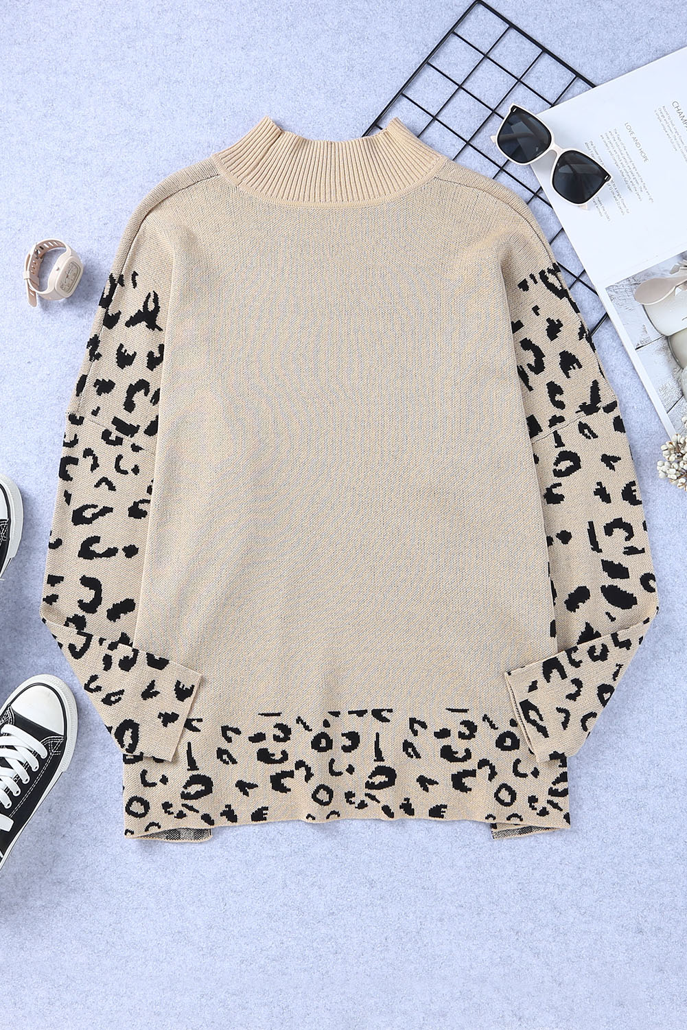 Khaki Leopard High Neck Side Slit Oversized Sweater - Image 6
