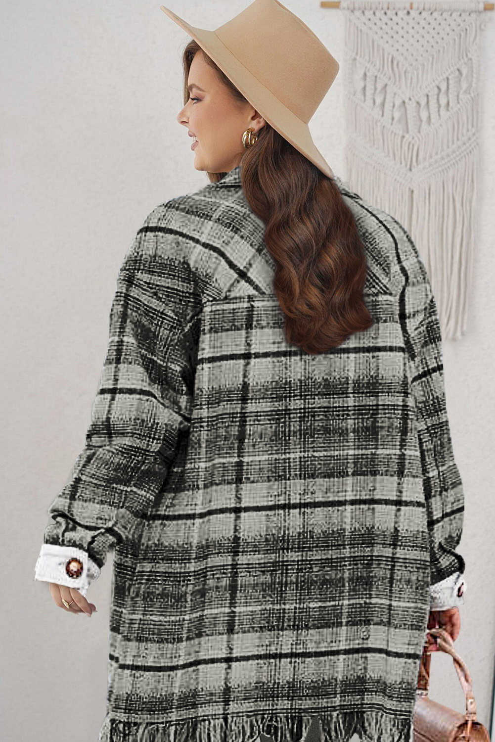 Black Plus Size Macrame Plaid Coat - Image 2