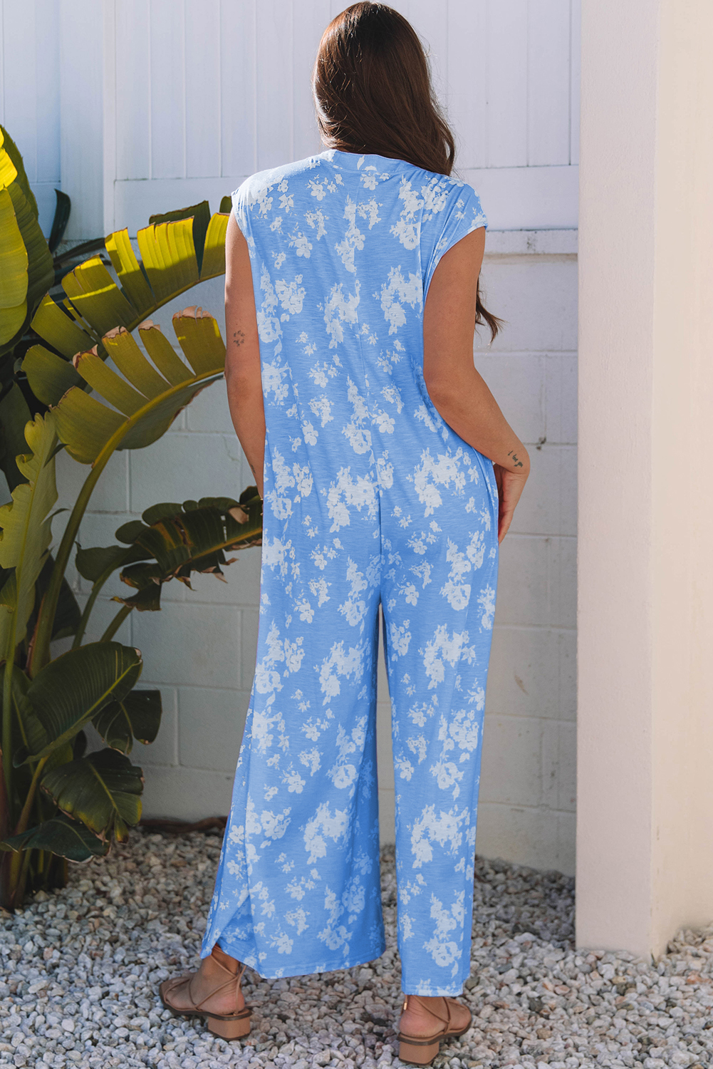 Myosotis Floral Print Half Button Wide Leg Relaxed Sleeveless Jumpsuit - Image 2