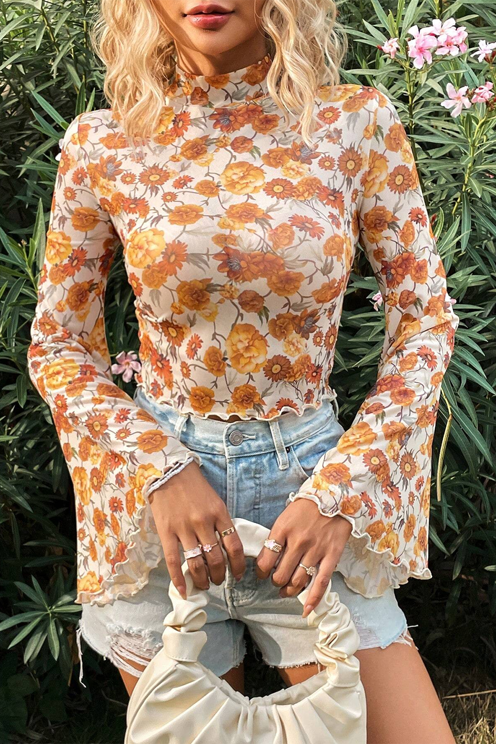 Orange Floral Printed Bell Sleeve Mock Neck Scallop Trim Blouse - Image 3