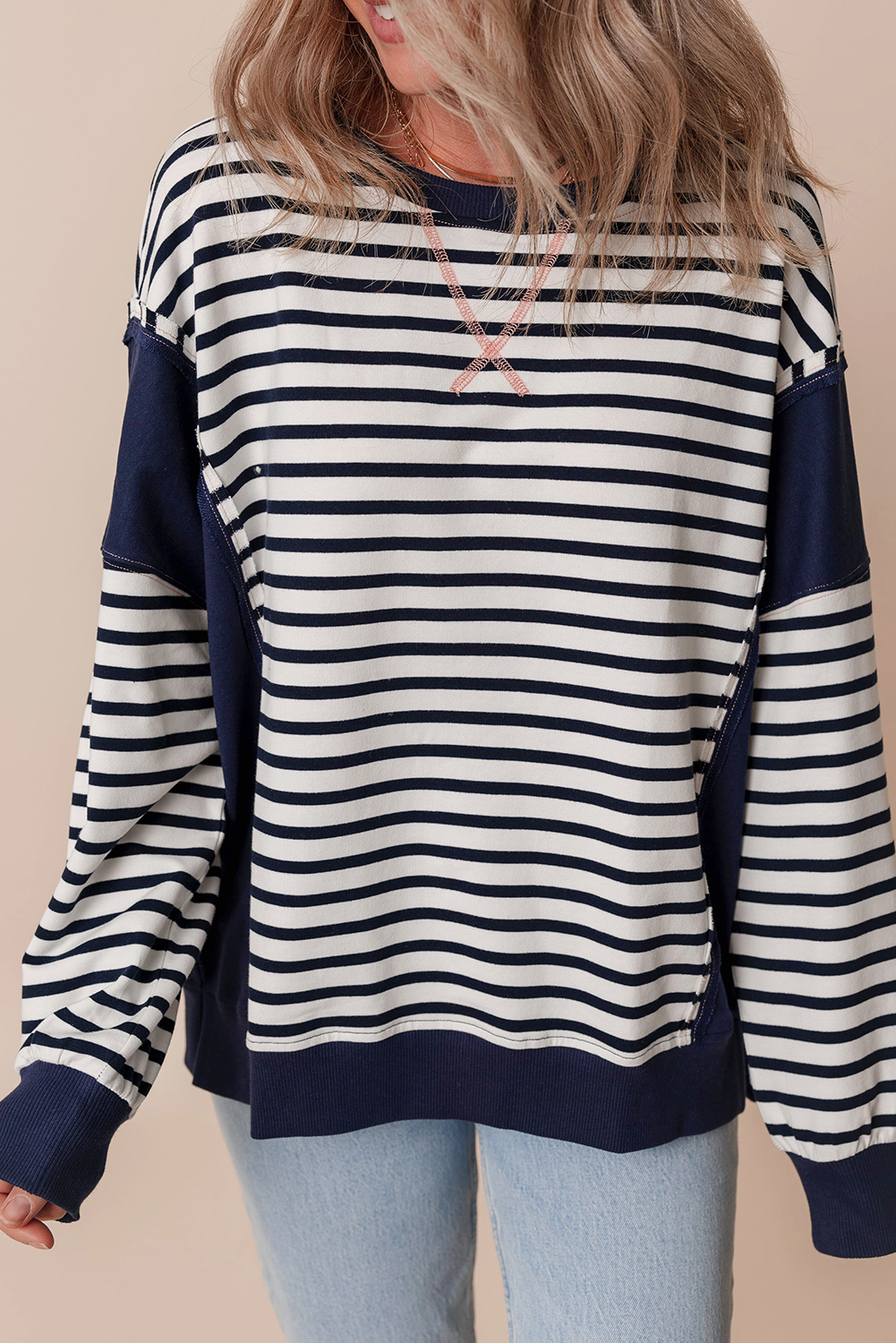White Stripe Color Block Exposed Seam Loose Fit Sweatshirt - Image 5