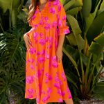 Orange Floral Print Frilly Smocked V Neck 3/4 Sleeve Long Dress