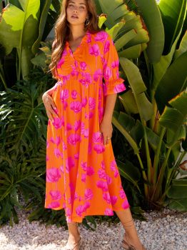 Orange Floral Print Frilly Smocked V Neck 3/4 Sleeve Long Dress