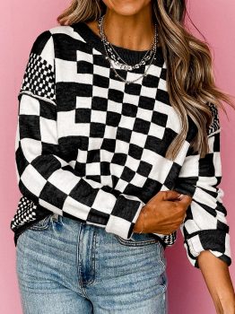 Black Checkered Print Drop Shoulder Round Neck Sweater