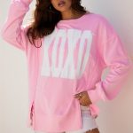 Pink Bow Sequin XOXO Letter Graphic Exposed Seam Baggy Sweatshirt