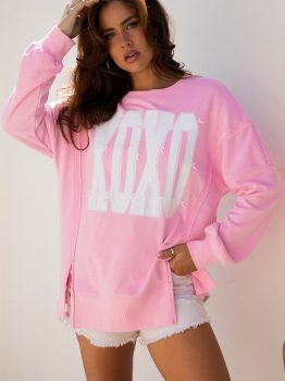 Pink Bow Sequin XOXO Letter Graphic Exposed Seam Baggy Sweatshirt