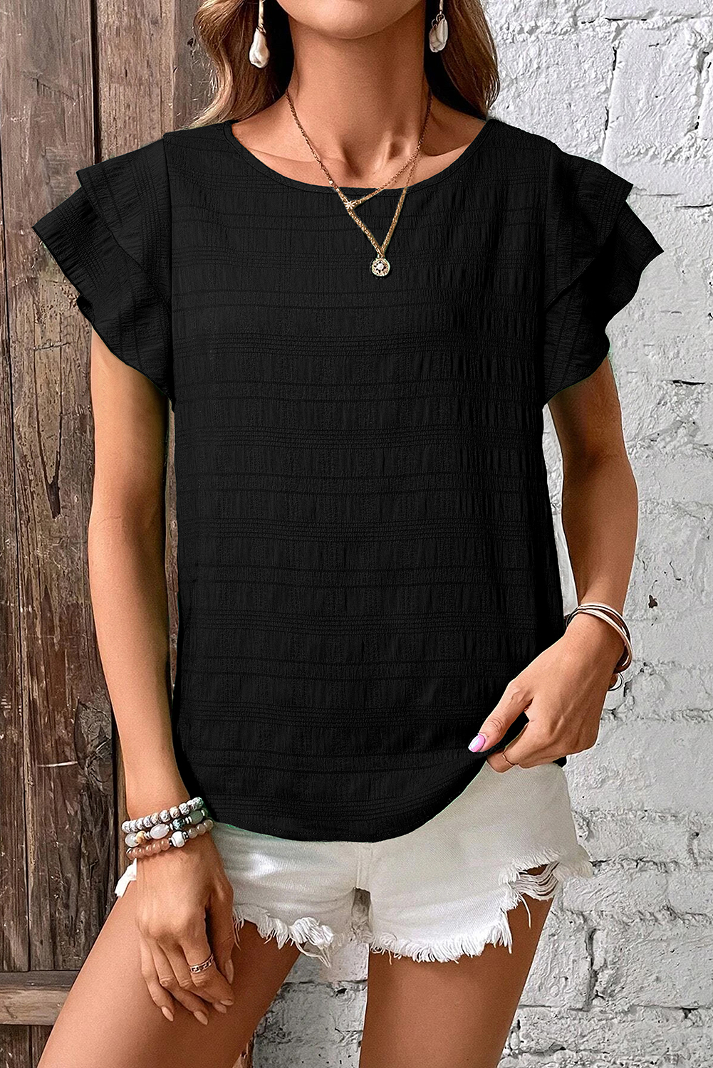 Black Textured Ruffled Sleeve Round Neck Top - Image 3