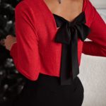 Racing Red Metallic Bowknot Open Back V Neck Top