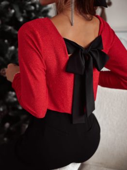 Racing Red Metallic Bowknot Open Back V Neck Top