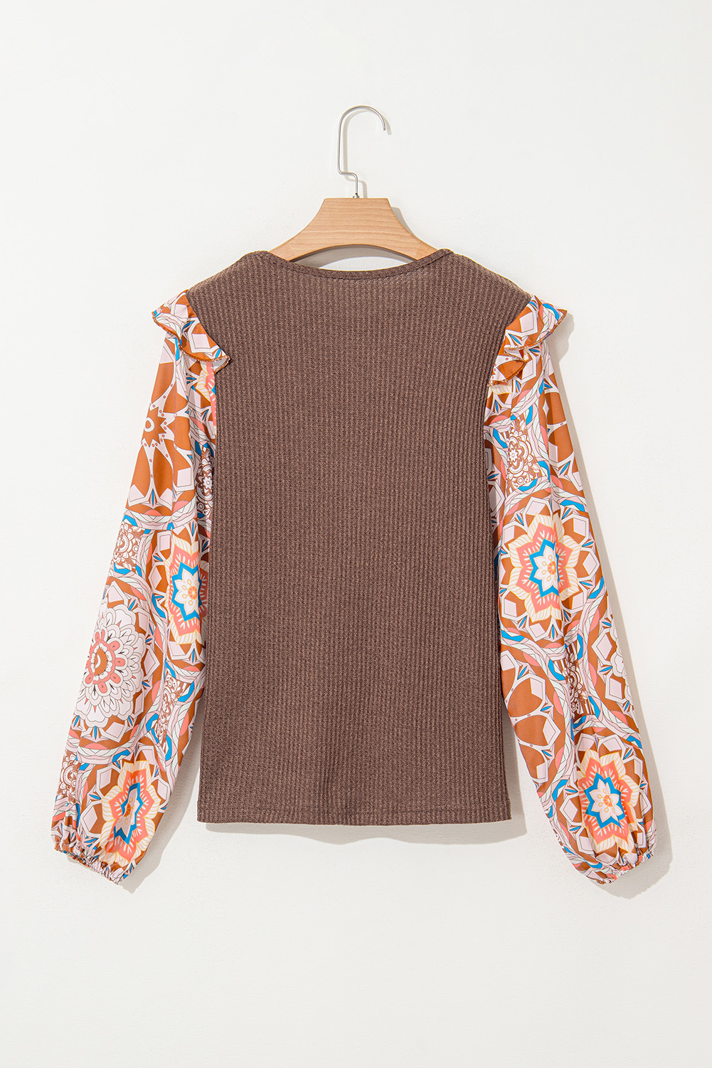 Coffee Ruffled Floral Sleeve Patchwork Waffle Knit O Neck Blouse - Image 4