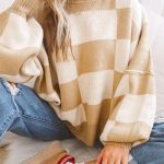 Khaki Checkered Bishop Sleeve Sweater