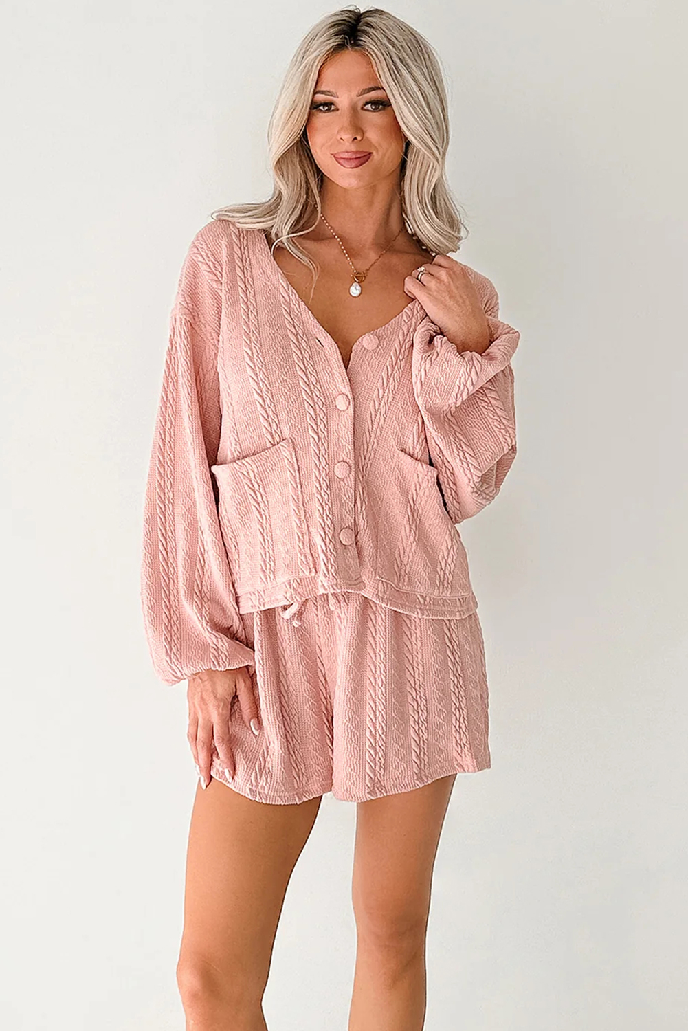 Gossamer Pink Cable Knit V Neck Cardigan Shorts Set - Image 7