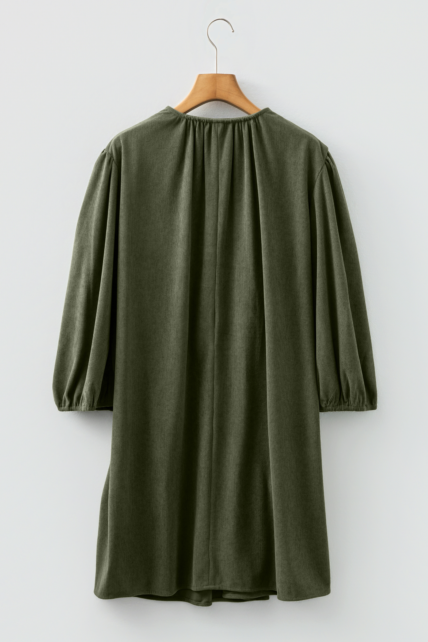 Moss Green Bracelet Sleeve Split Neck Scallop Detail Pleated Corduroy Mini Dress - Image 8