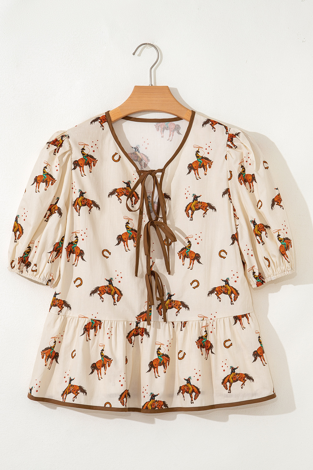 Apricot Cowboy Print Puff Sleeve Bowknot Peplum Blouse - Image 3