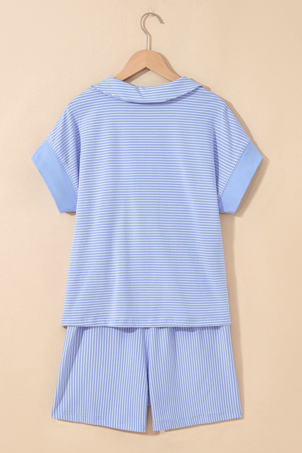 Sky Blue Stripe Dolman Sleeve Polo Shirt and Drawstring Shorts Set - Image 3
