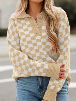 Apricot Checkered Buttons Collar V Neck Drop Shoulder Sweater