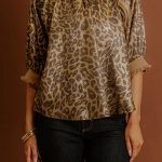 Gold Half Sleeve Metallic Leopard Print Blouse