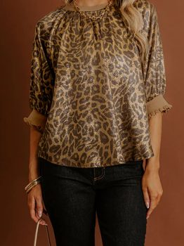 Gold Half Sleeve Metallic Leopard Print Blouse