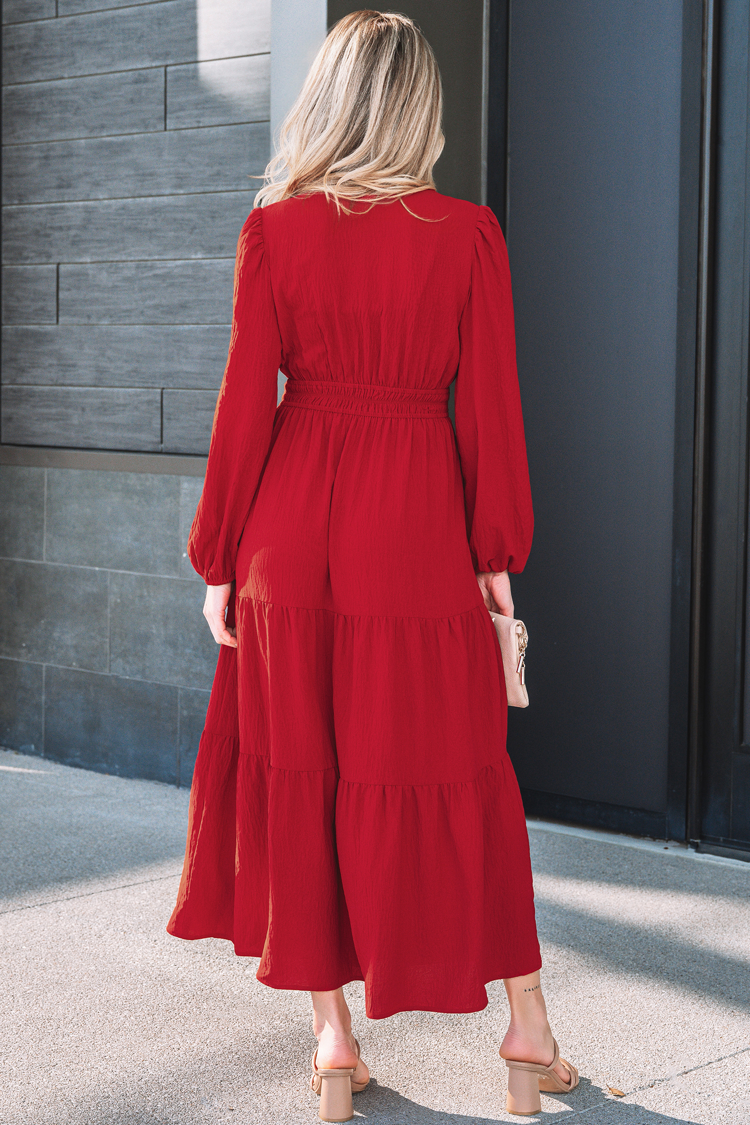 Racing Red Contrast Embroidered Detail Cinched Waist Tiered Long Sleeve Maxi Dress - Image 2