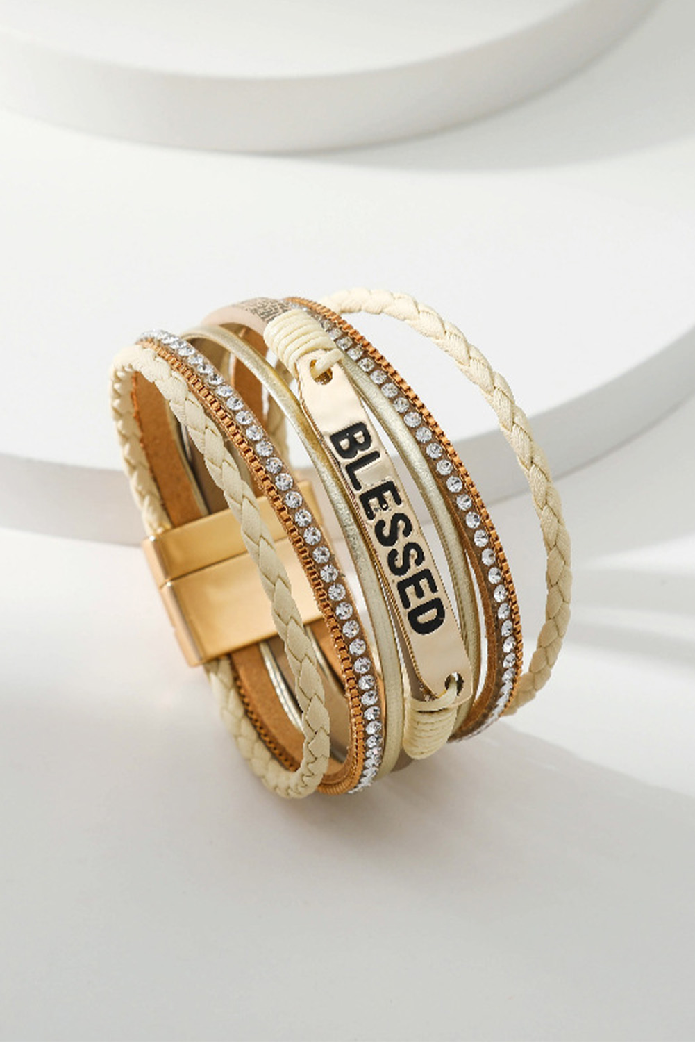 Beige BLESSED Rhinestone Braided Detail Buckle Bracelet - Image 3