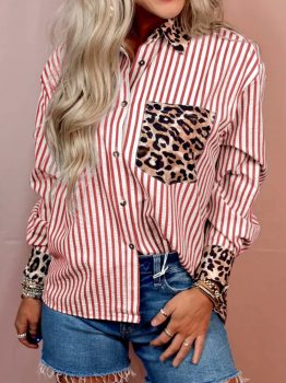 Racing Red Striped Leopard Print Patchwork Button Up Womens Shirt