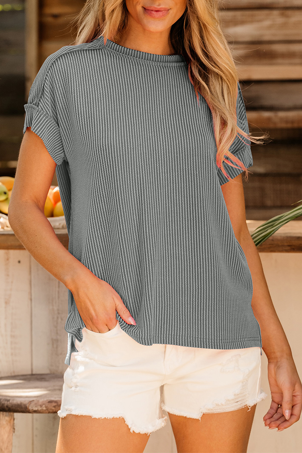 Medium Grey Textured Knit Exposed Stitching T-shirt - Image 4