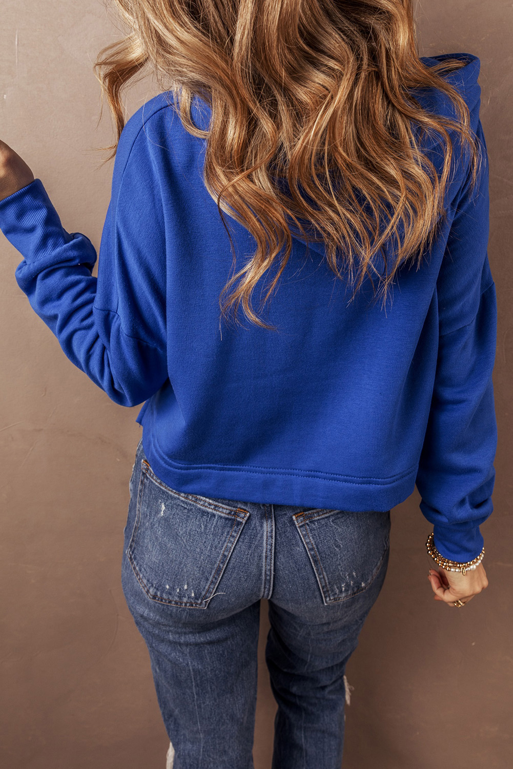 Dark Blue Solid Drop Shoulder Drawstring Cropped Hoodie - Image 4