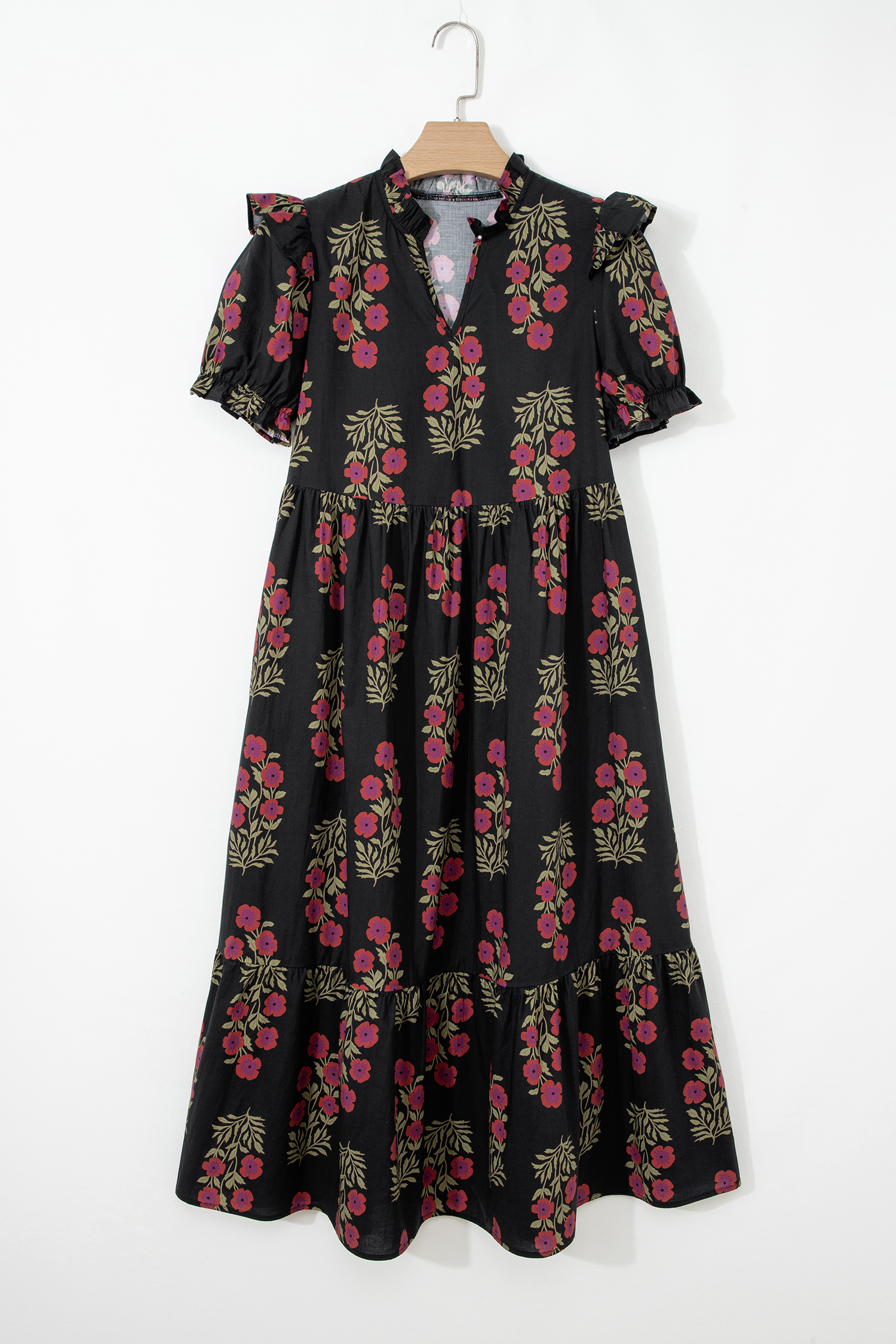 Black Floral Short Bubble Sleeve Tiered Maxi Dress - Image 5