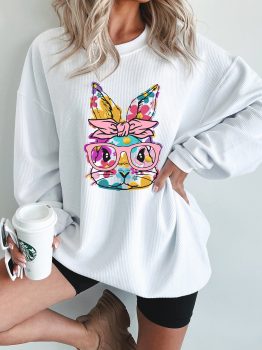White Floral Rabbit with Glasses Graphic Corded Easter Sweatshirt