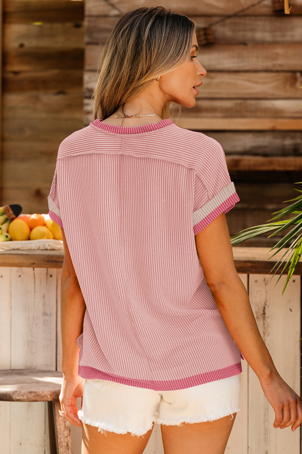 Light Pink Textured Contrast Trim Round Neck T Shirt - Image 2