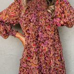 Red Floral Print Long Sleeve Shirred High Neck Loose Mini Dress