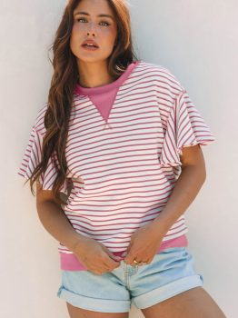 Sachet Pink Contrast Detail Striped Ruffle Short Sleeve Top