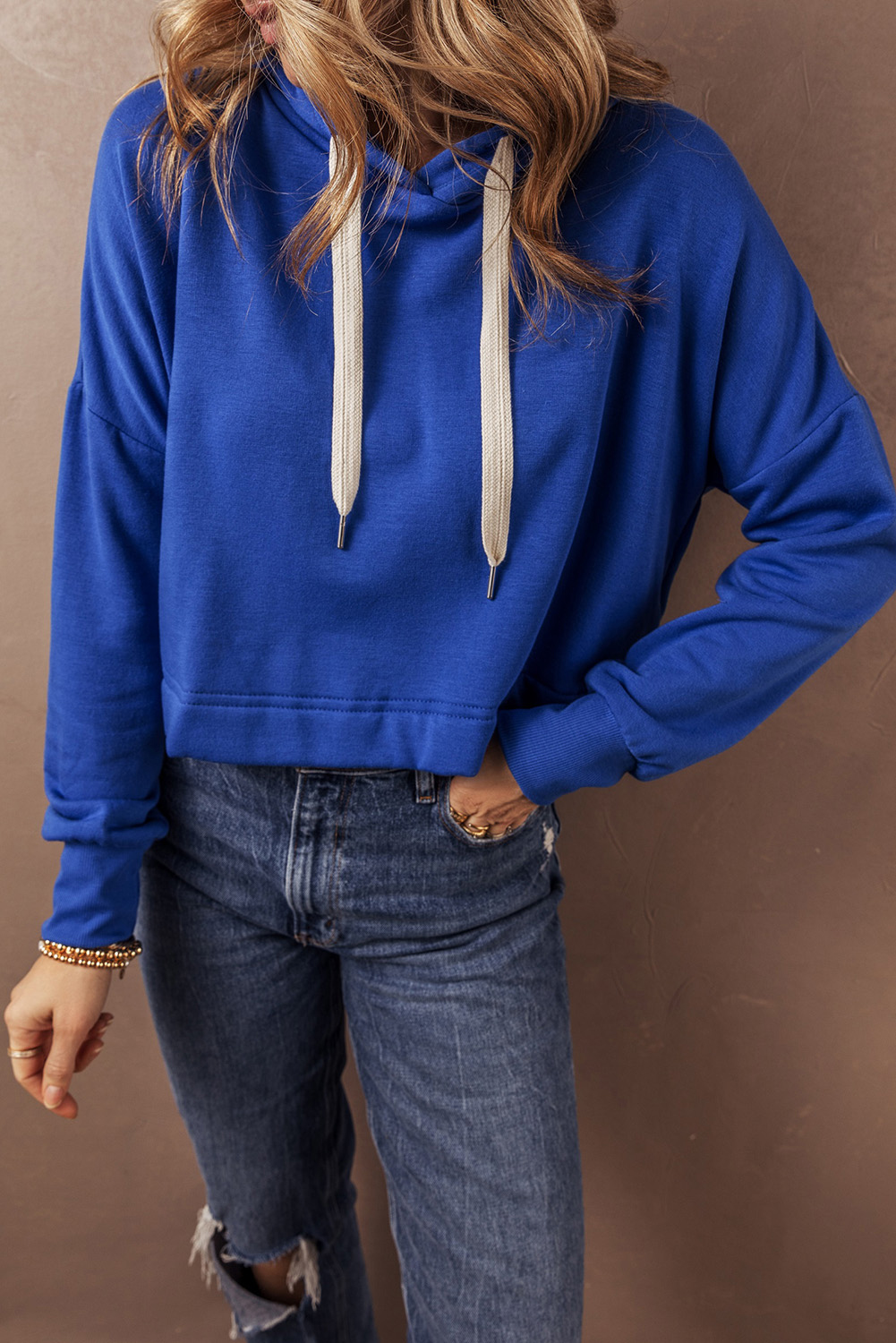 Dark Blue Solid Drop Shoulder Drawstring Cropped Hoodie - Image 7